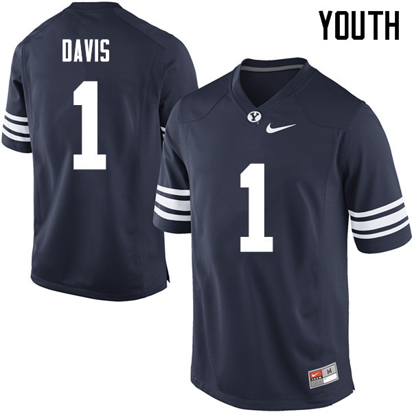 Youth #1 Akile Davis BYU Cougars College Football Jerseys Sale-Navy - Click Image to Close